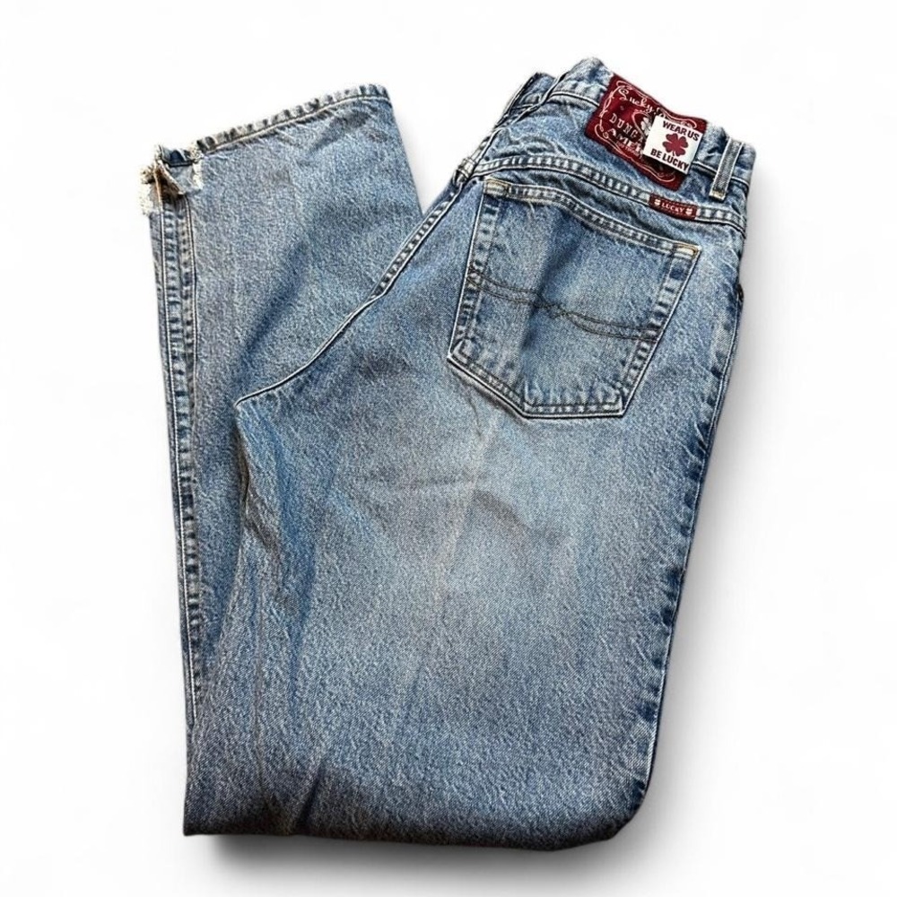 Vintage Lucky Brand 91 Dungarees Blue Jeans 34 Relaxed Fit Long Length Zip Fly